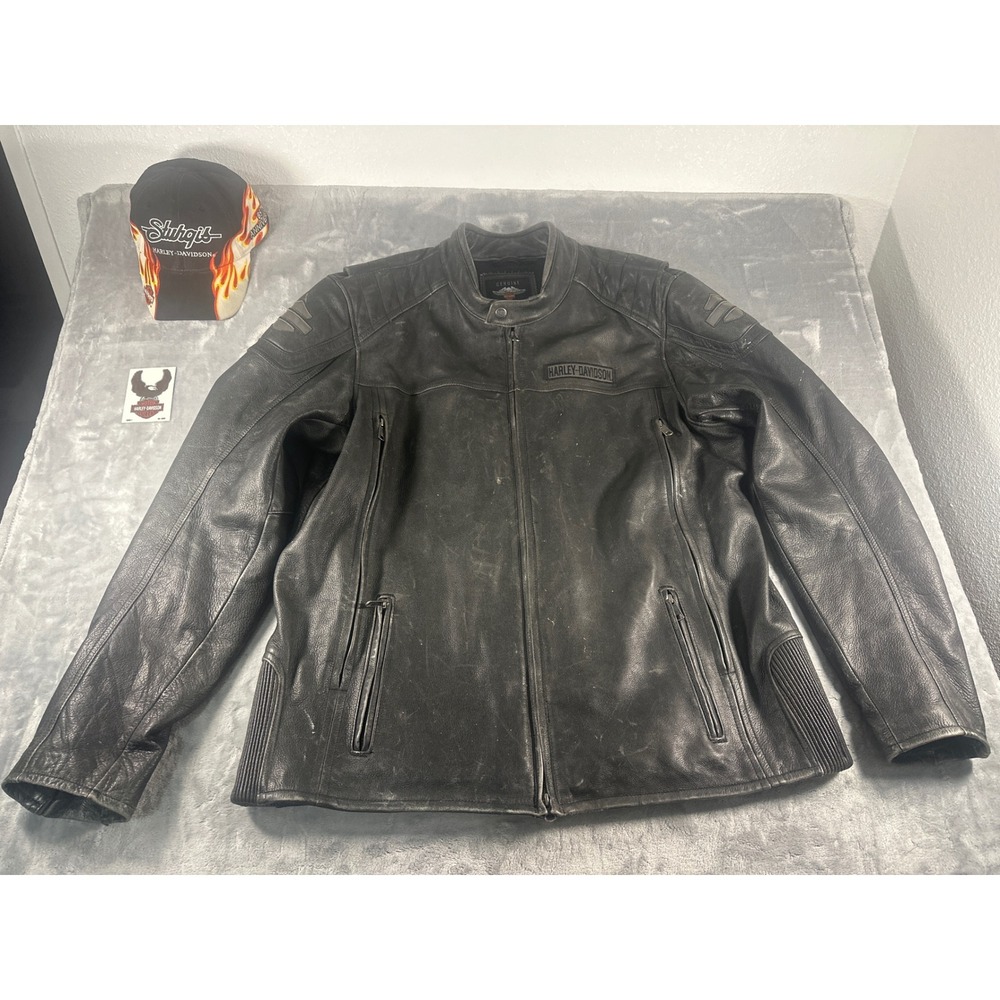 Harley-Davidson Leather Motorcycle Jacket 2XL Black Cafe Racer Sturgis Hat Set